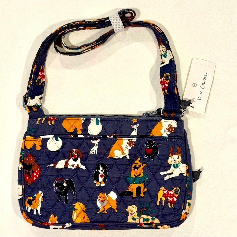 New Vera Bradley Little Crossbody Hipster Holiday Dogs RFID Blocking Bag Purse - Picture 2 of 7